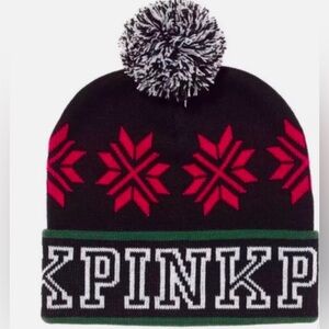 PINK Victoria's Secret Black and Pink Snowflake Beanie hat